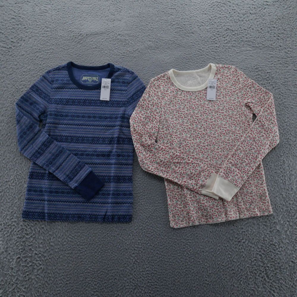 American Eagle Women Waffle Knit Top Lot of 2 Small Blue Fair Isle Ivory Red NEW